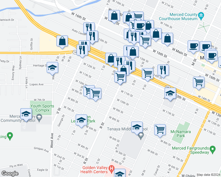 map of restaurants, bars, coffee shops, grocery stores, and more near 1144 West 11th Street in Merced