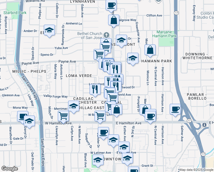 map of restaurants, bars, coffee shops, grocery stores, and more near 3139 Loma Verde Drive in San Jose