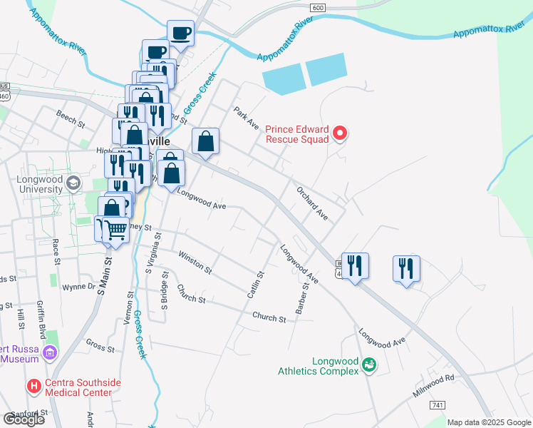 map of restaurants, bars, coffee shops, grocery stores, and more near 100-198 Vaughan Street in Farmville