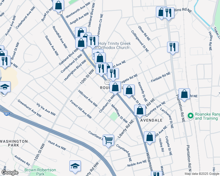 map of restaurants, bars, coffee shops, grocery stores, and more near in Roanoke