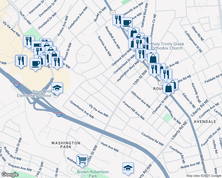 map of restaurants, bars, coffee shops, grocery stores, and more near 3413 Forest Hill Avenue Northwest in Roanoke