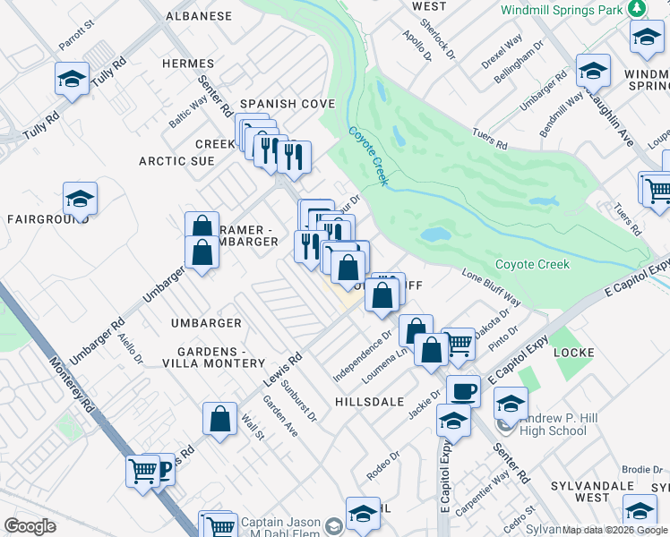 map of restaurants, bars, coffee shops, grocery stores, and more near in San Jose