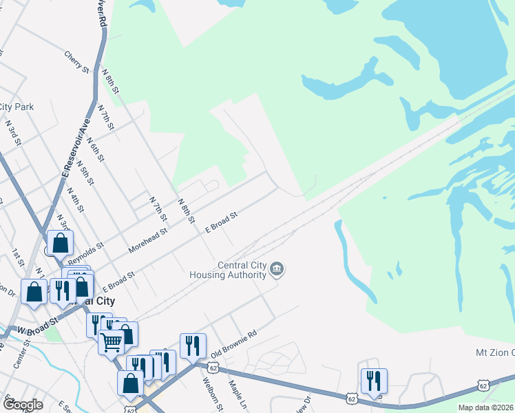 map of restaurants, bars, coffee shops, grocery stores, and more near 901-1113 East Broad Street in Central City