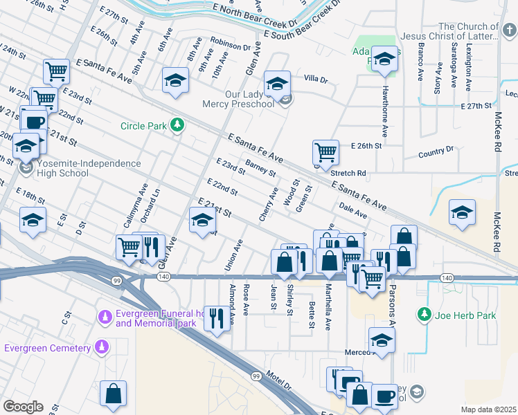 map of restaurants, bars, coffee shops, grocery stores, and more near 1094 East 22nd Street in Merced