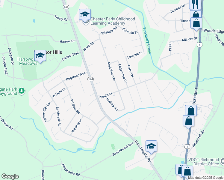 map of restaurants, bars, coffee shops, grocery stores, and more near 3408 South Street in Chester