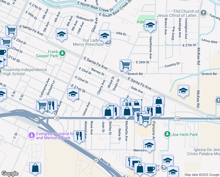 map of restaurants, bars, coffee shops, grocery stores, and more near 2238 Wood Street in Merced