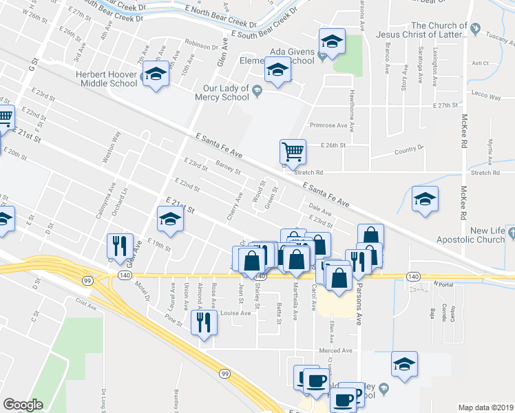map of restaurants, bars, coffee shops, grocery stores, and more near 2238 Wood Street in Merced