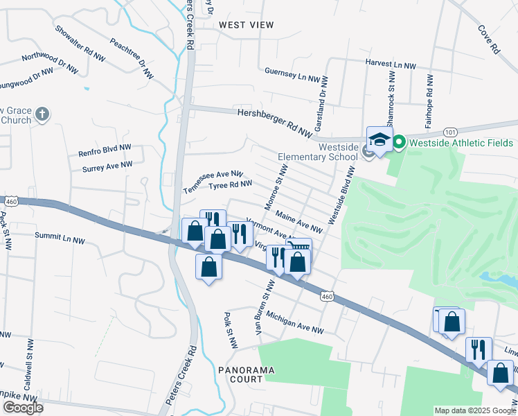 map of restaurants, bars, coffee shops, grocery stores, and more near 4110 Maine Avenue Northwest in Roanoke
