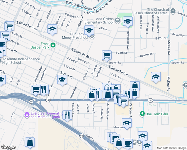 map of restaurants, bars, coffee shops, grocery stores, and more near 2238 Wood Street in Merced