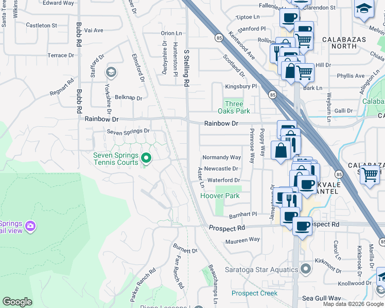map of restaurants, bars, coffee shops, grocery stores, and more near 1352 South Stelling Road in Cupertino