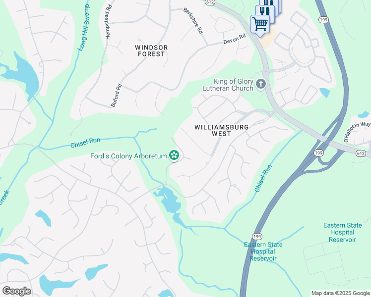 map of restaurants, bars, coffee shops, grocery stores, and more near 220 Westbury Hills in Williamsburg