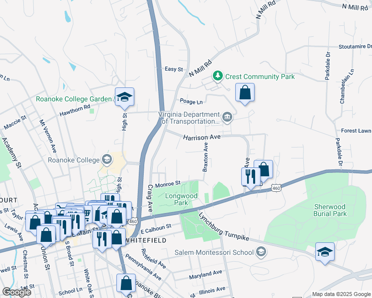 map of restaurants, bars, coffee shops, grocery stores, and more near 700 Crystal Drive in Salem