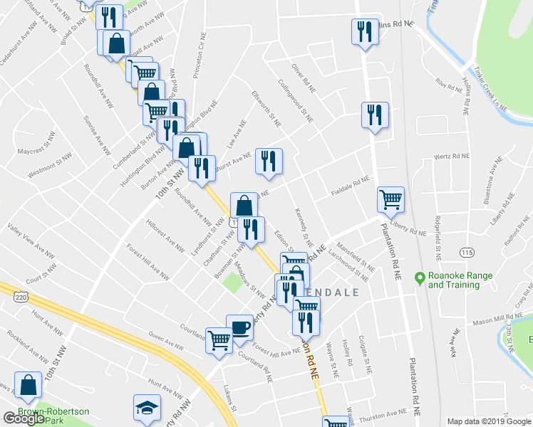 map of restaurants, bars, coffee shops, grocery stores, and more near 2905 Edison Street Northeast in Roanoke
