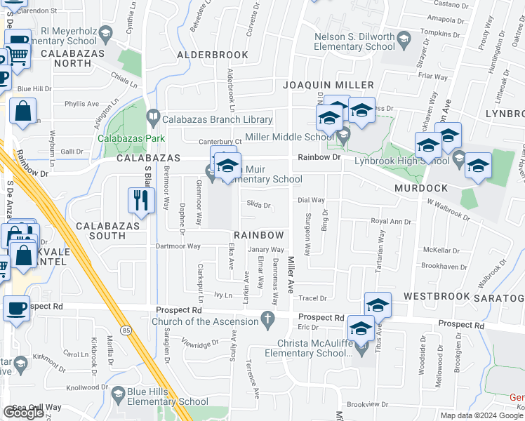 map of restaurants, bars, coffee shops, grocery stores, and more near 6372 Slida Drive in San Jose