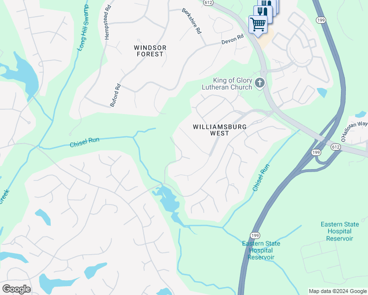map of restaurants, bars, coffee shops, grocery stores, and more near 220 Westbury Hills in Williamsburg