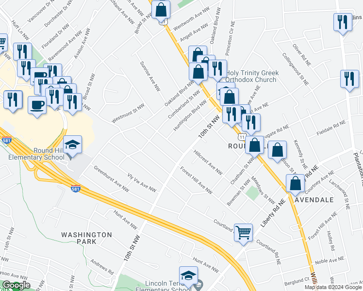 map of restaurants, bars, coffee shops, grocery stores, and more near 3313 Hillcrest Avenue Northwest in Roanoke