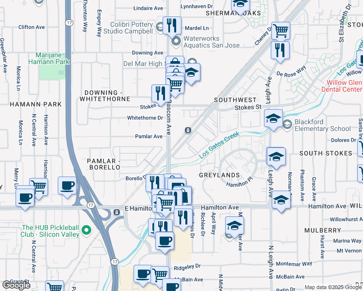 map of restaurants, bars, coffee shops, grocery stores, and more near 2140 Southwest Expy in San Jose