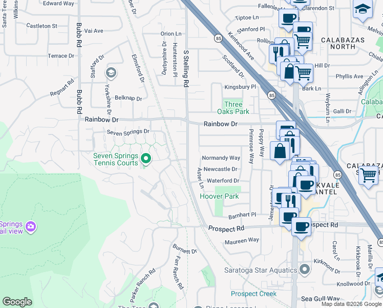 map of restaurants, bars, coffee shops, grocery stores, and more near 1352 South Stelling Road in Cupertino