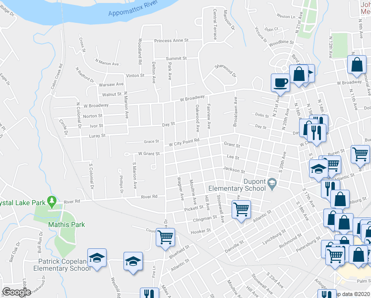 map of restaurants, bars, coffee shops, grocery stores, and more near 2802 Grant Street in Hopewell