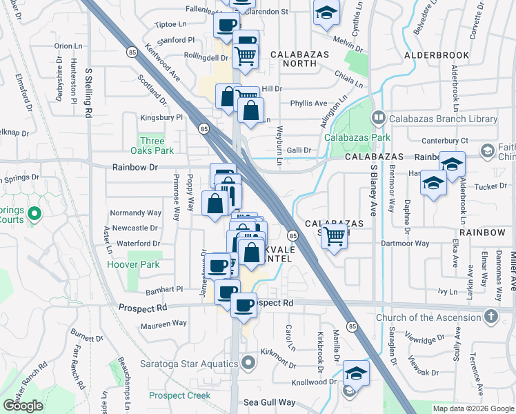 map of restaurants, bars, coffee shops, grocery stores, and more near 6962 Chantel Court in San Jose