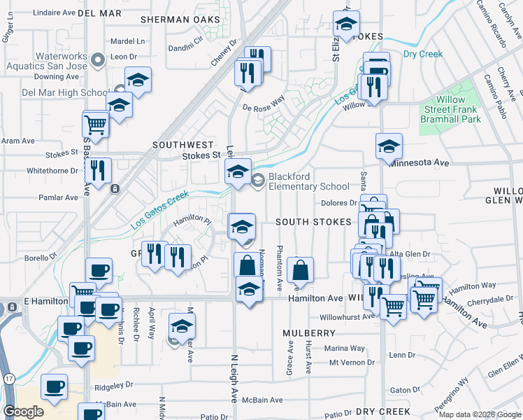 map of restaurants, bars, coffee shops, grocery stores, and more near 1467 Norman Avenue in San Jose