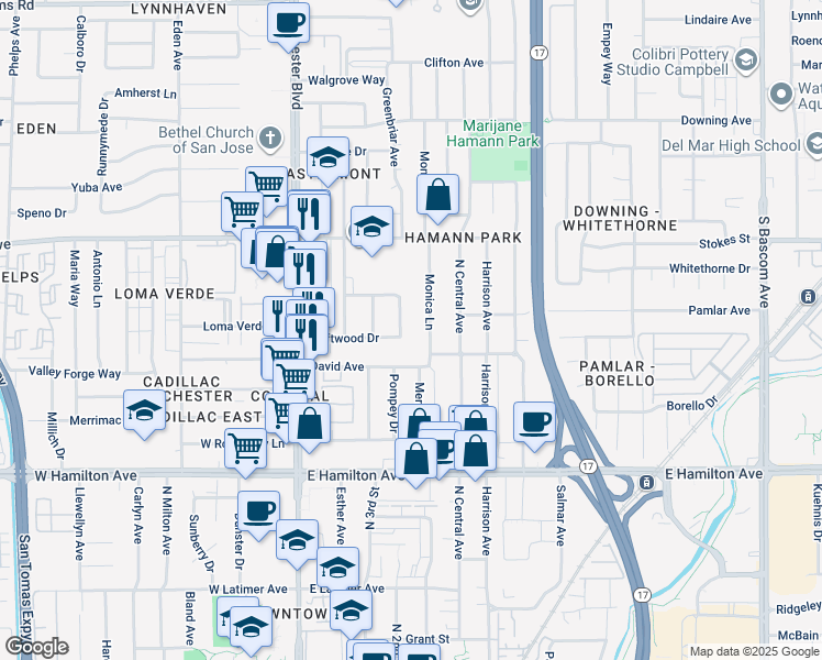 map of restaurants, bars, coffee shops, grocery stores, and more near 2944 Driftwood Drive in San Jose