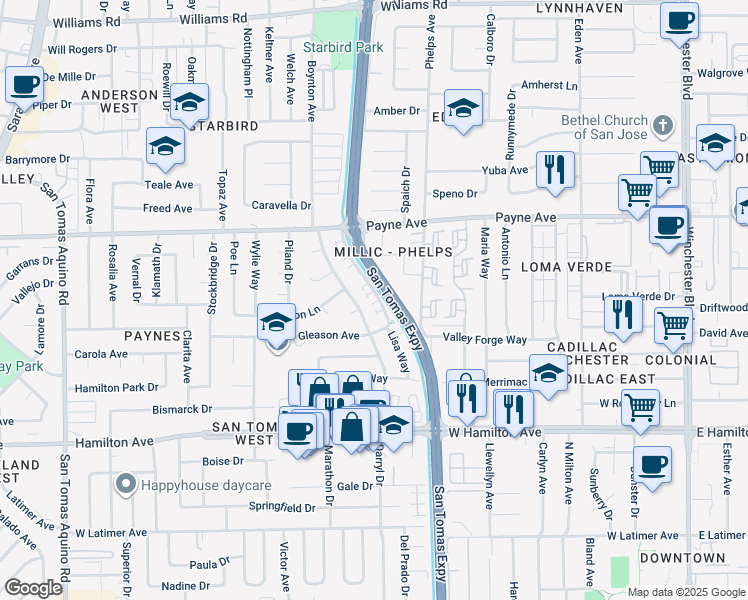 map of restaurants, bars, coffee shops, grocery stores, and more near 1385 San Tomas Aquino Parkway in San Jose