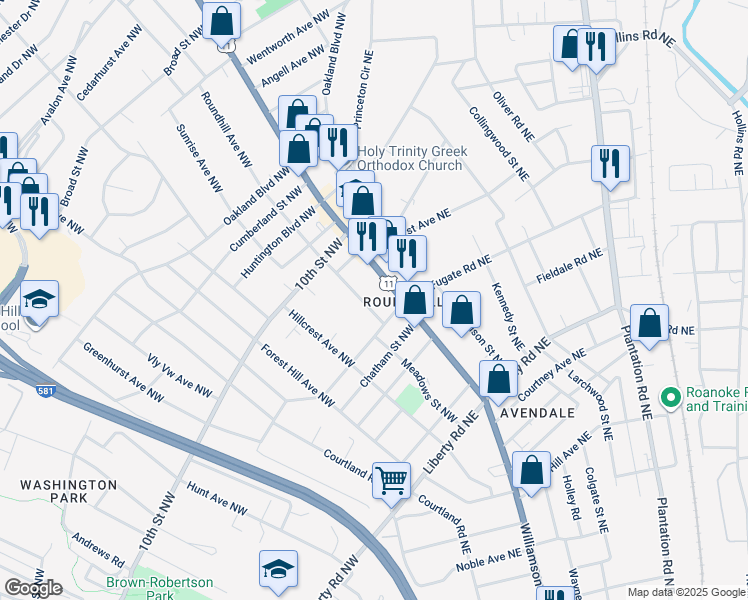 map of restaurants, bars, coffee shops, grocery stores, and more near 3122 Lee Highway in Roanoke
