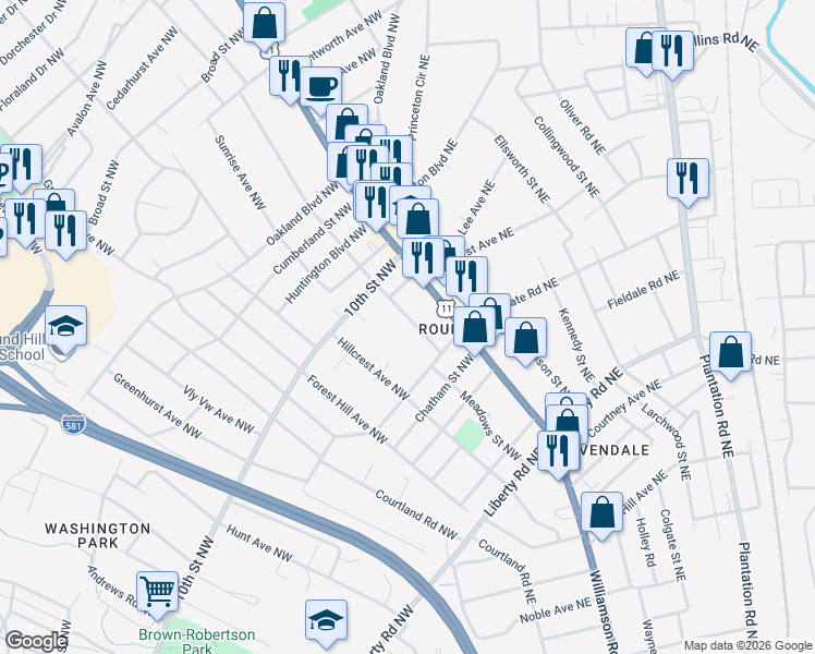 map of restaurants, bars, coffee shops, grocery stores, and more near 3148-3156 Roundhill Avenue Northwest in Roanoke