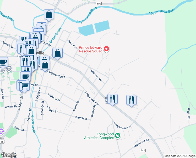 map of restaurants, bars, coffee shops, grocery stores, and more near 214 A Street in Farmville
