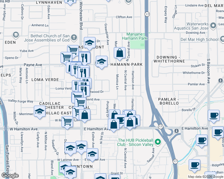 map of restaurants, bars, coffee shops, grocery stores, and more near 2944 Driftwood Drive in San Jose