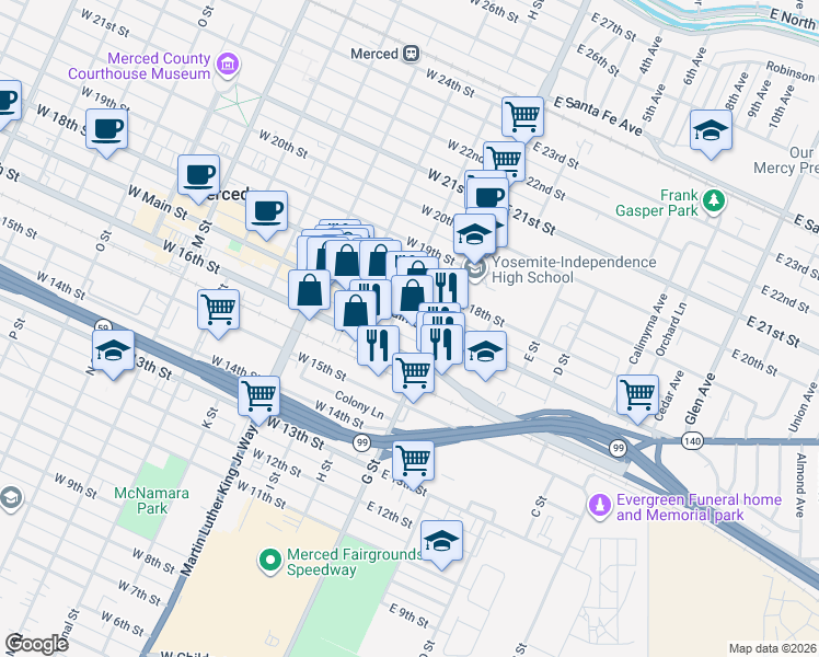 map of restaurants, bars, coffee shops, grocery stores, and more near 52 West Main Street in Merced