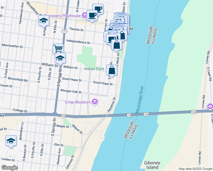 map of restaurants, bars, coffee shops, grocery stores, and more near 303 South Spanish Street in Cape Girardeau