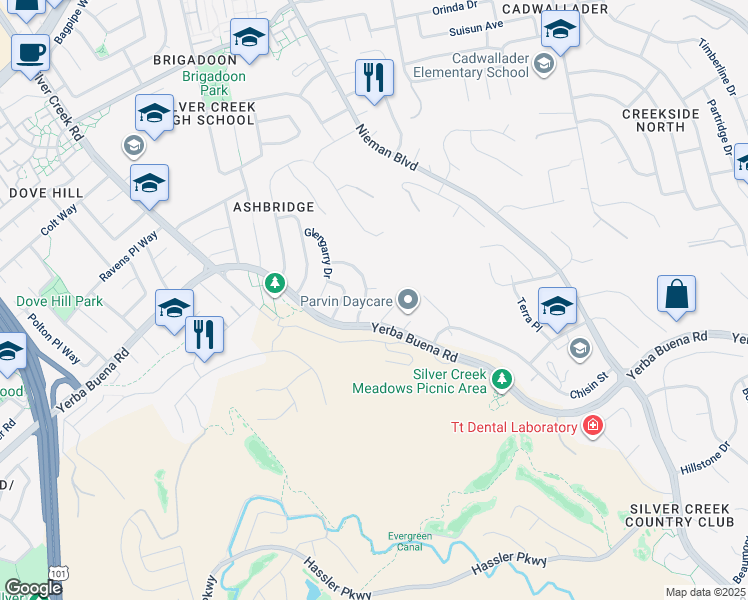 map of restaurants, bars, coffee shops, grocery stores, and more near 3910 Edenwood Drive in San Jose