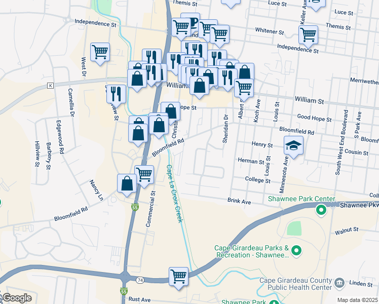 map of restaurants, bars, coffee shops, grocery stores, and more near 644 South Spring Street in Cape Girardeau