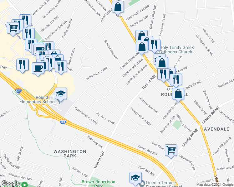 map of restaurants, bars, coffee shops, grocery stores, and more near 3417 Forest Hill Avenue Northwest in Roanoke