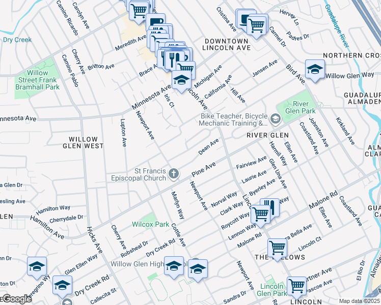 map of restaurants, bars, coffee shops, grocery stores, and more near 1148 Willow Glen Way in San Jose