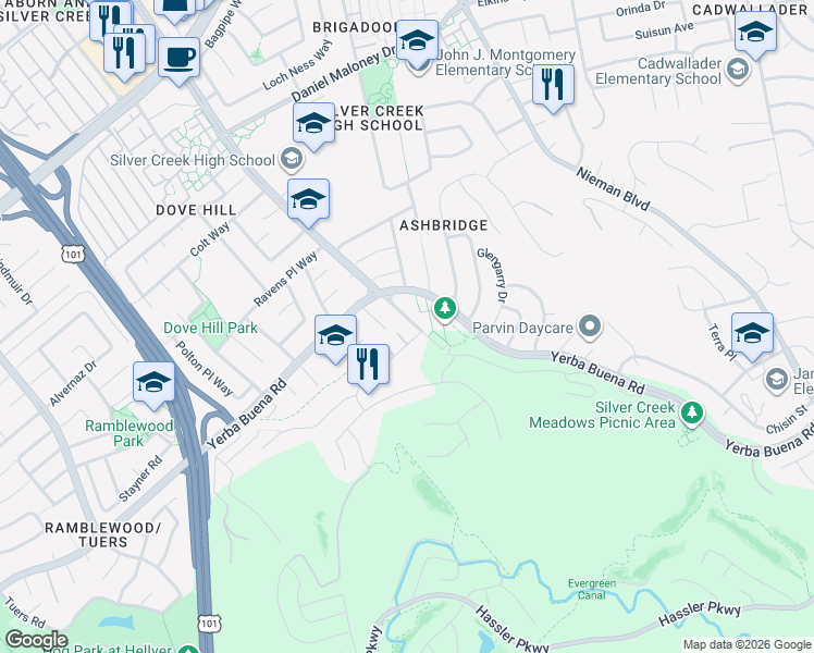map of restaurants, bars, coffee shops, grocery stores, and more near 4007 Silver Creek Road in San Jose