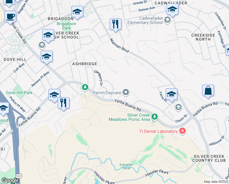 map of restaurants, bars, coffee shops, grocery stores, and more near 3910 Edenwood Drive in San Jose
