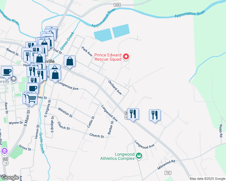 map of restaurants, bars, coffee shops, grocery stores, and more near 211 A Street in Farmville
