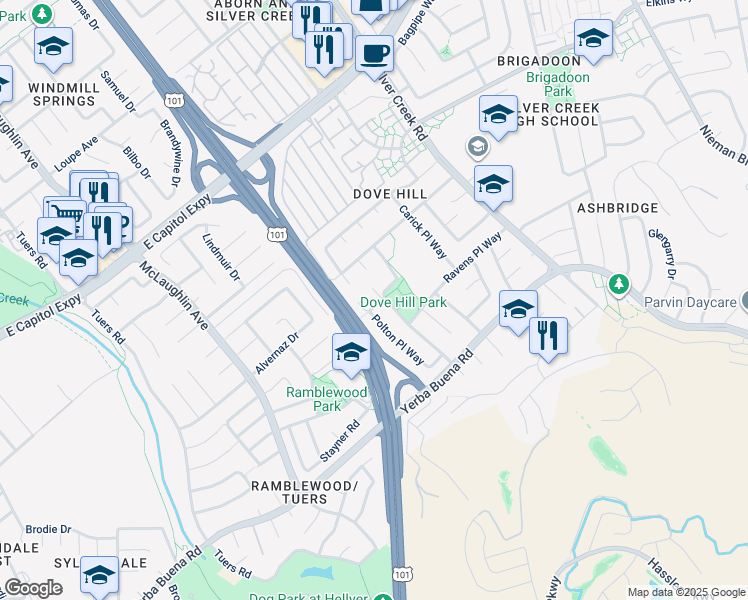 map of restaurants, bars, coffee shops, grocery stores, and more near 3699 Cedar Knoll Court in San Jose