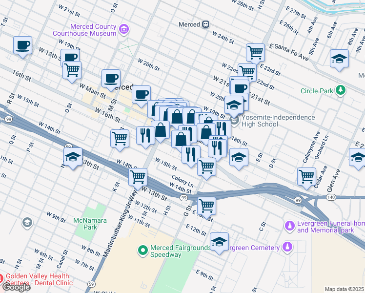map of restaurants, bars, coffee shops, grocery stores, and more near 149 West 16th Street in Merced