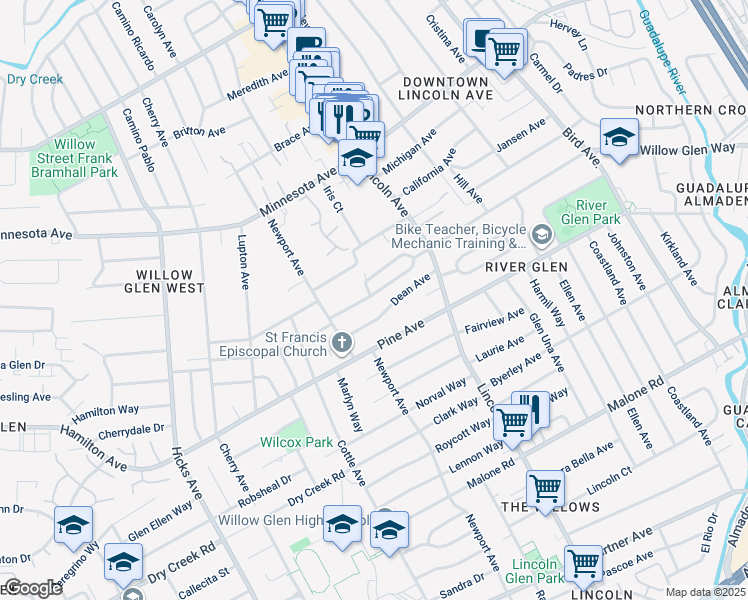 map of restaurants, bars, coffee shops, grocery stores, and more near 1148 Willow Glen Way in San Jose