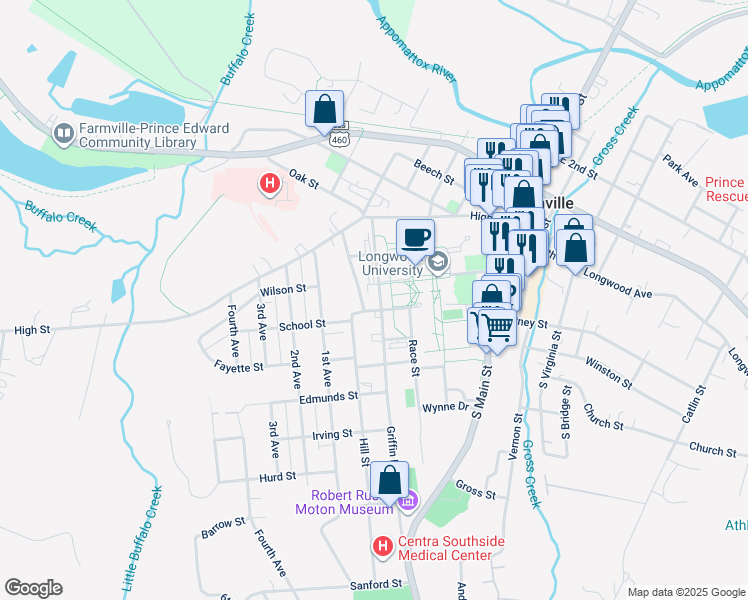 map of restaurants, bars, coffee shops, grocery stores, and more near 307 Griffin Boulevard in Farmville
