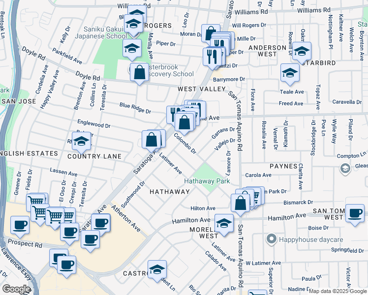 map of restaurants, bars, coffee shops, grocery stores, and more near 17790 Colombo Dr in Saratoga
