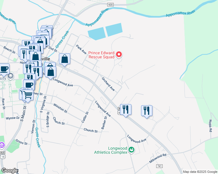 map of restaurants, bars, coffee shops, grocery stores, and more near 801 Orchard Street in Farmville