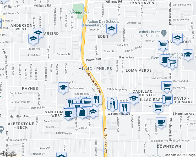 map of restaurants, bars, coffee shops, grocery stores, and more near 1405 Phelps Avenue in San Jose