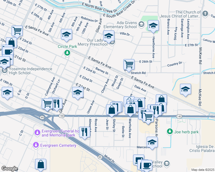 map of restaurants, bars, coffee shops, grocery stores, and more near 2212 Cherry Avenue in Merced