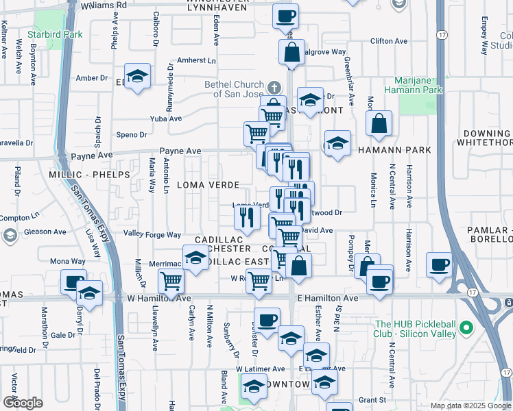 map of restaurants, bars, coffee shops, grocery stores, and more near 3139 Loma Verde Drive in San Jose