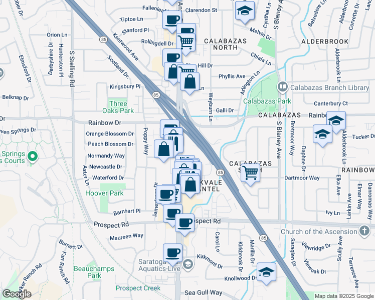 map of restaurants, bars, coffee shops, grocery stores, and more near 1356 South De Anza Boulevard in San Jose
